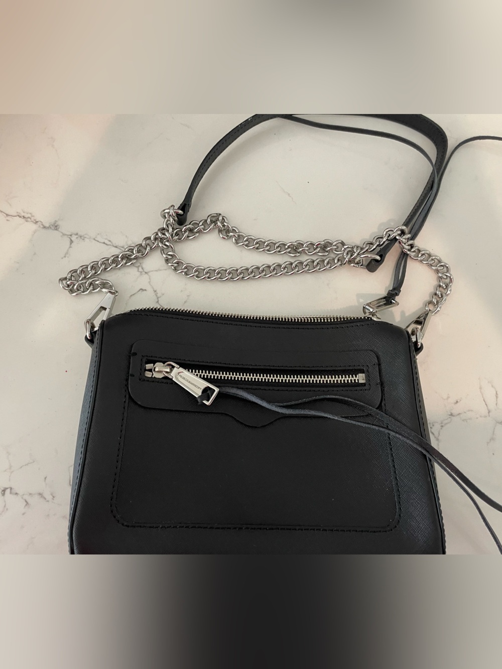 Rebecca Minkoff Black Textured Leather Toiletry Pouch with Silver Plate